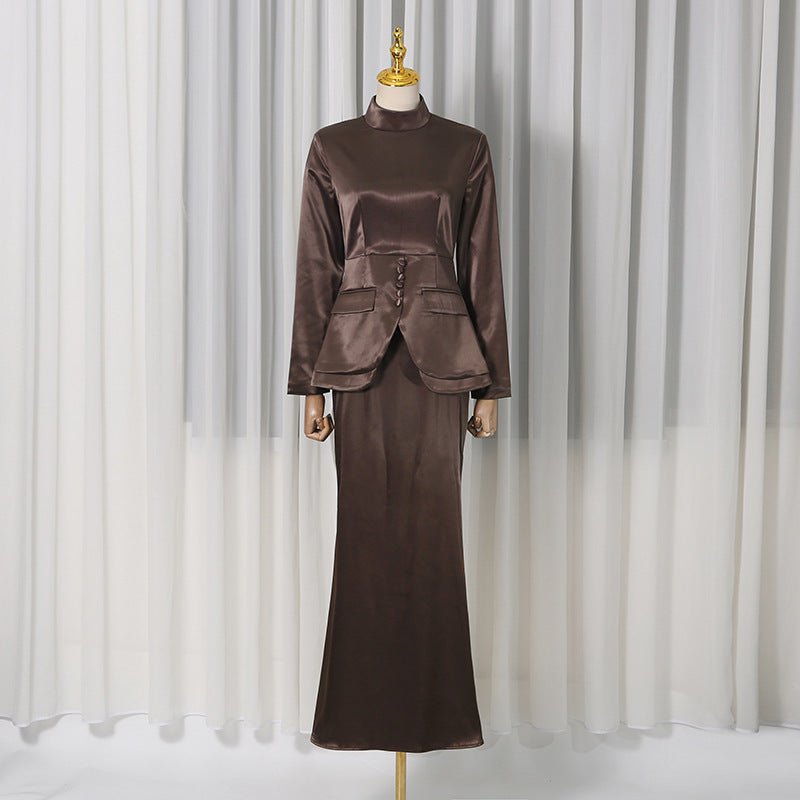 Corset-inspired modest two-piece in coffee with tailored construction