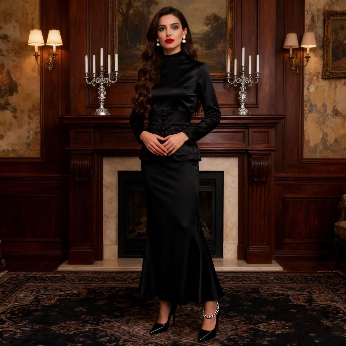 Corset Peplum Top & Maxi Skirt Set — Structured Modest Two-Piece Outfit