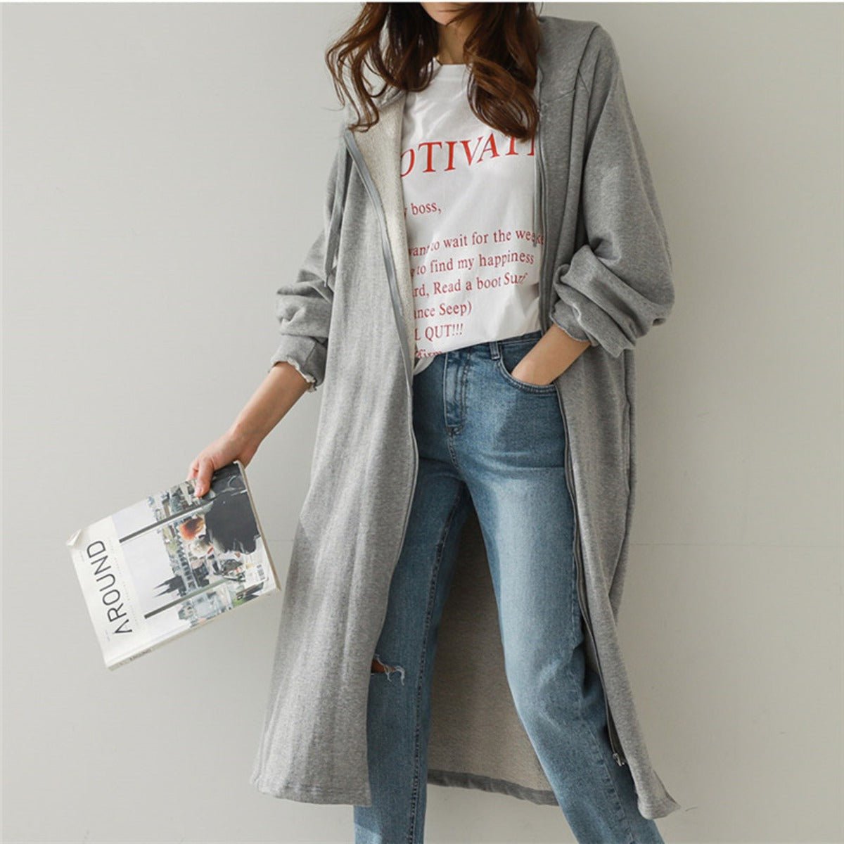 Cotton Fleece Zip Up Hooded Longline Cardigan Coat with Side Slits | Casual Streetwear Jacket(MS109) - Mariam's Collection