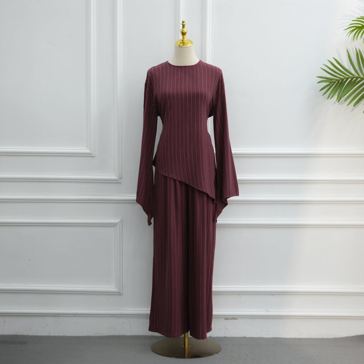 Cotton-Linen-Effect Pinstripe Tunic & Wide-Leg Pants Set(MS594) - Mariam's Collection