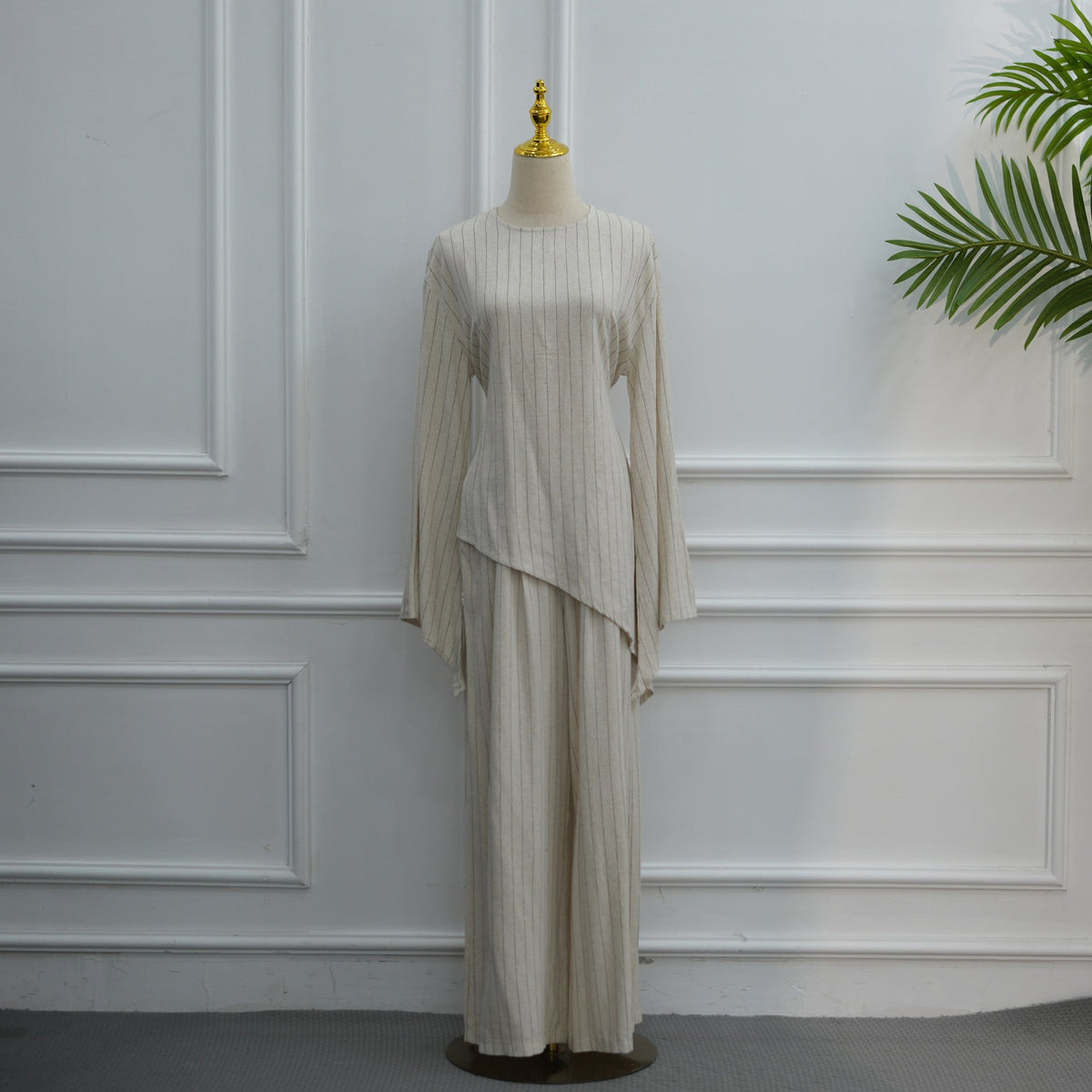 Cotton-Linen-Effect Pinstripe Tunic & Wide-Leg Pants Set(MS594) - Mariam's Collection