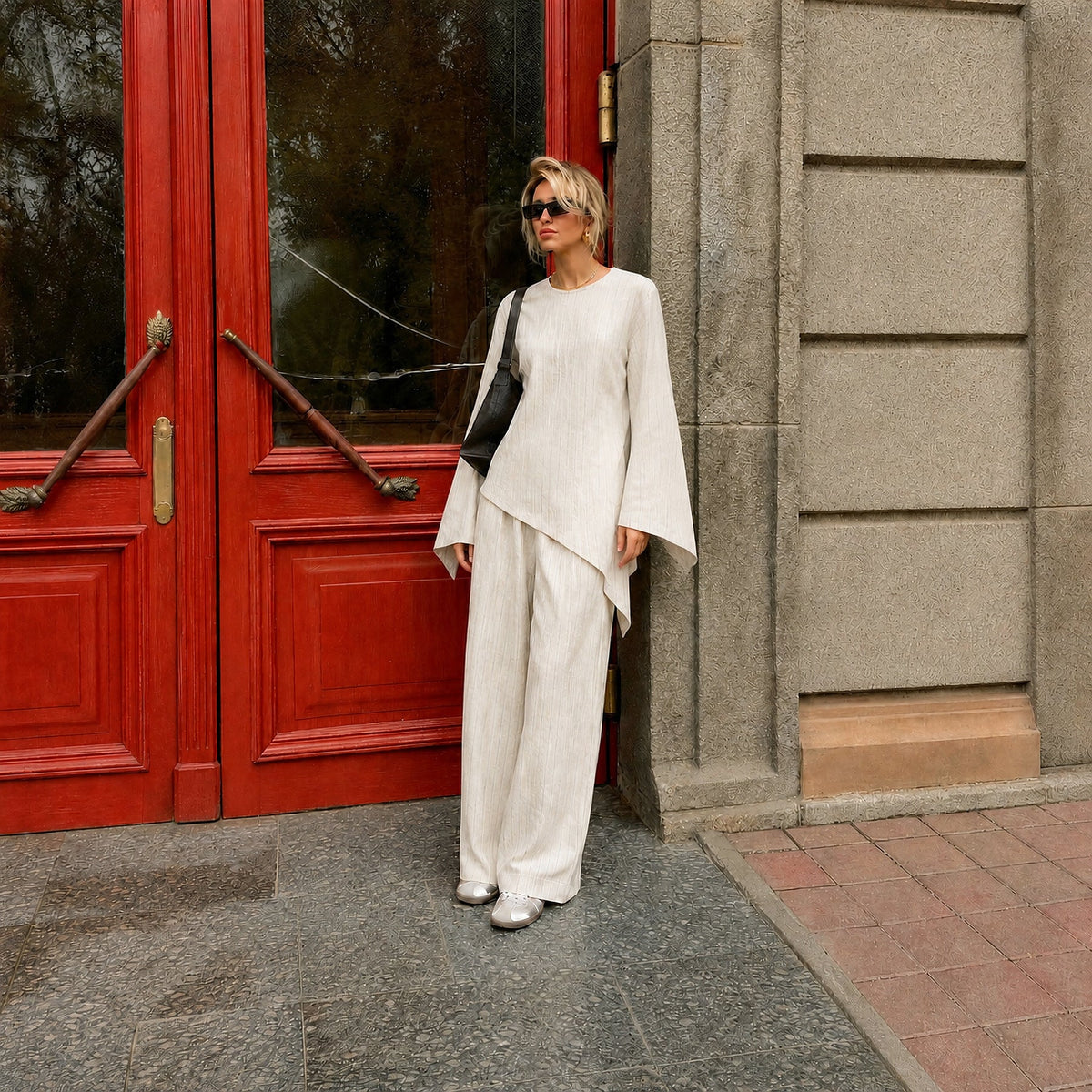 Cotton-Linen-Effect Pinstripe Tunic & Wide-Leg Pants Set(MS594) - Mariam's Collection