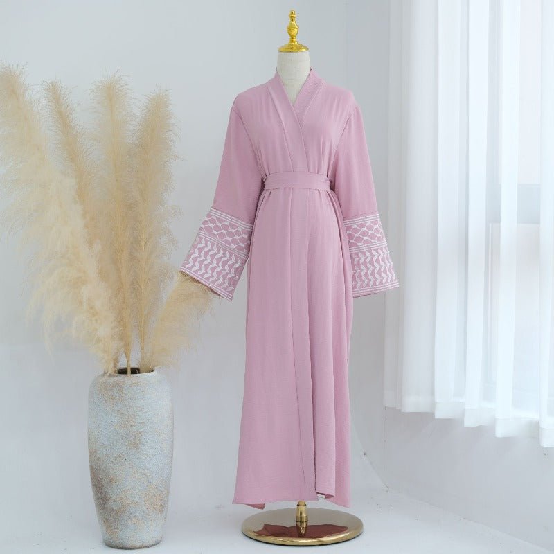 Cotton Linen Embroidered Sleeve Cardigan | Open Front Abaya with Geometric Pattern Sleeves(MOA238) - Mariam's Collection