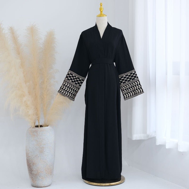 Cotton Linen Embroidered Sleeve Cardigan | Open Front Abaya with Geometric Pattern Sleeves(MOA238) - Mariam's Collection