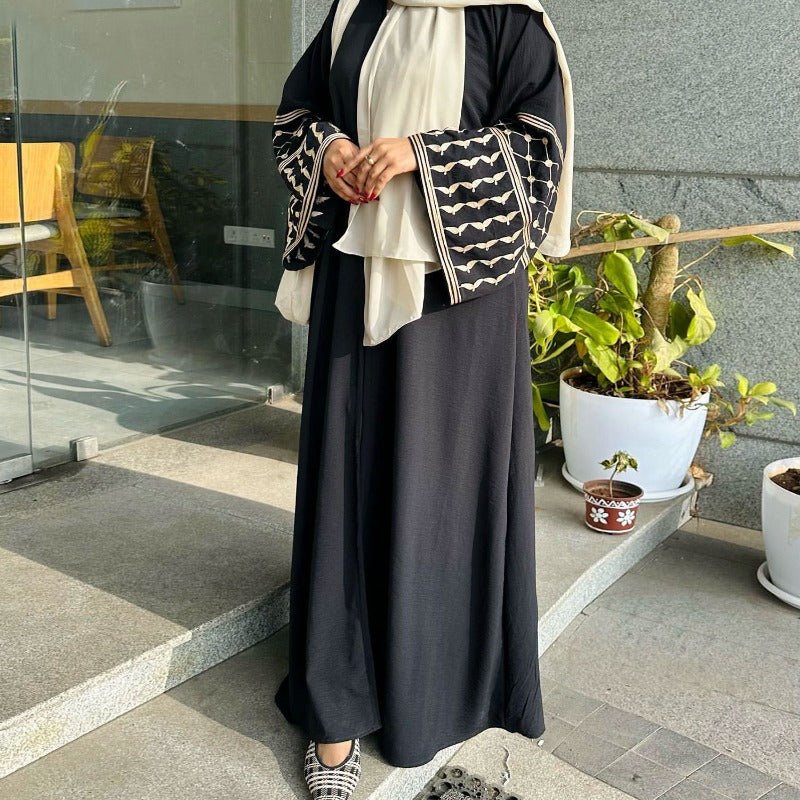 Cotton Linen Embroidered Sleeve Cardigan | Open Front Abaya with Geometric Pattern Sleeves(MOA238) - Mariam's Collection