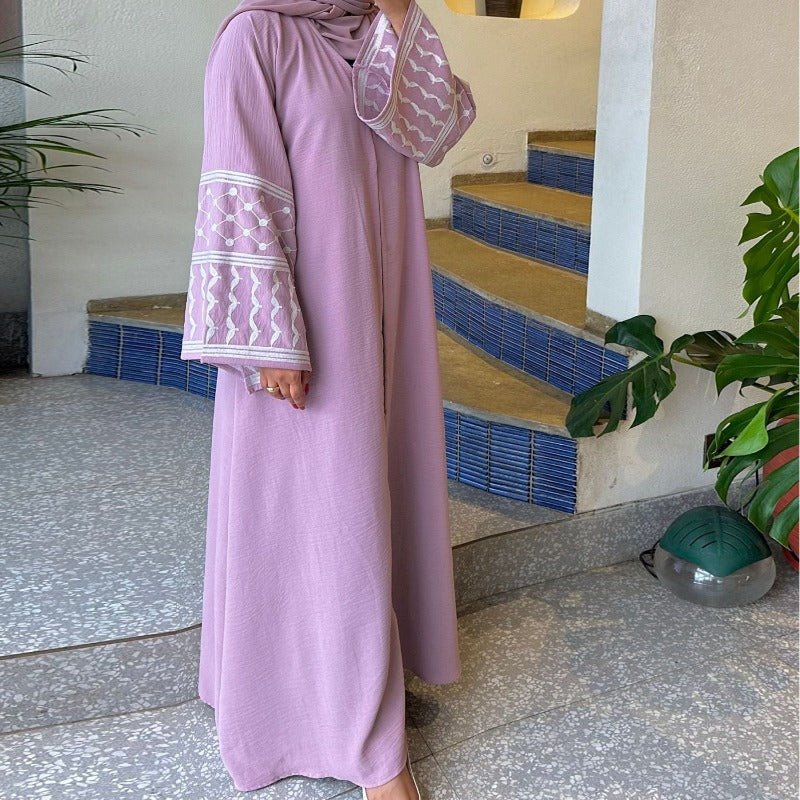 Cotton Linen Embroidered Sleeve Cardigan | Open Front Abaya with Geometric Pattern Sleeves(MOA238) - Mariam's Collection