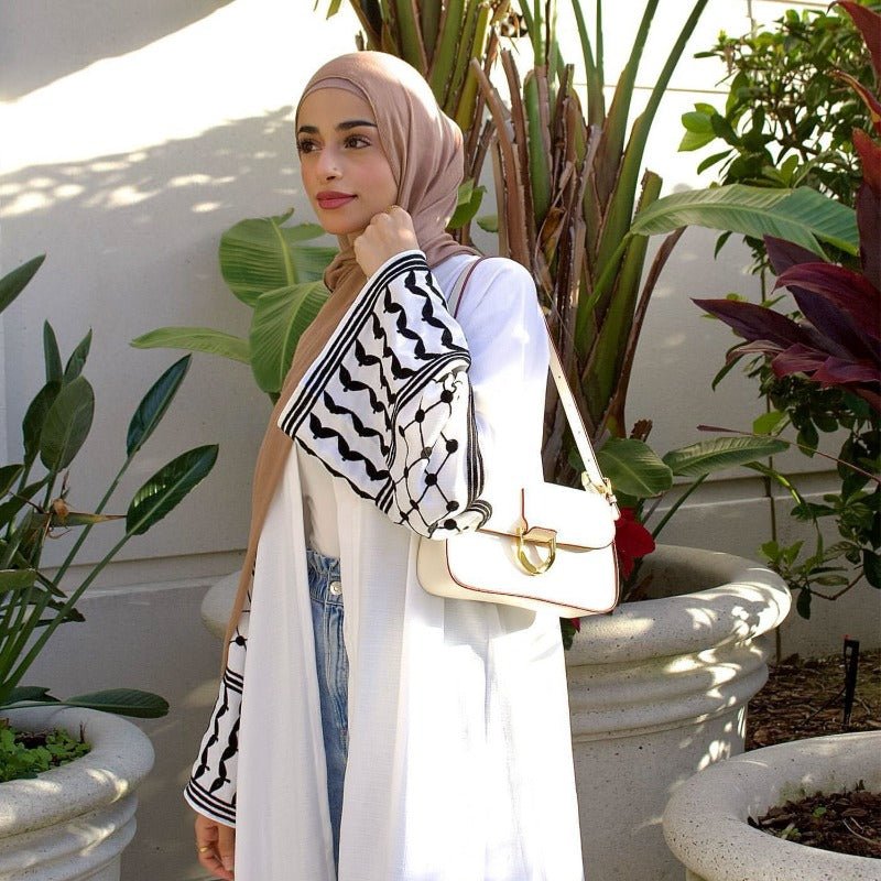 Cotton Linen Embroidered Sleeve Cardigan | Open Front Abaya with Geometric Pattern Sleeves(MOA238) - Mariam's Collection