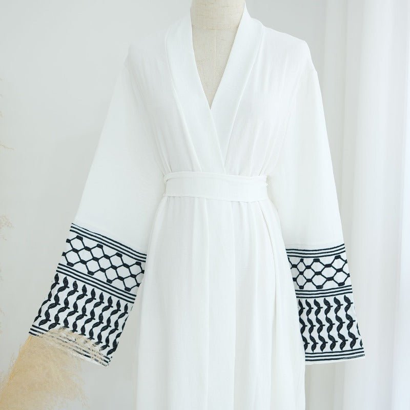 Cotton Linen Embroidered Sleeve Cardigan | Open Front Abaya with Geometric Pattern Sleeves(MOA238) - Mariam's Collection