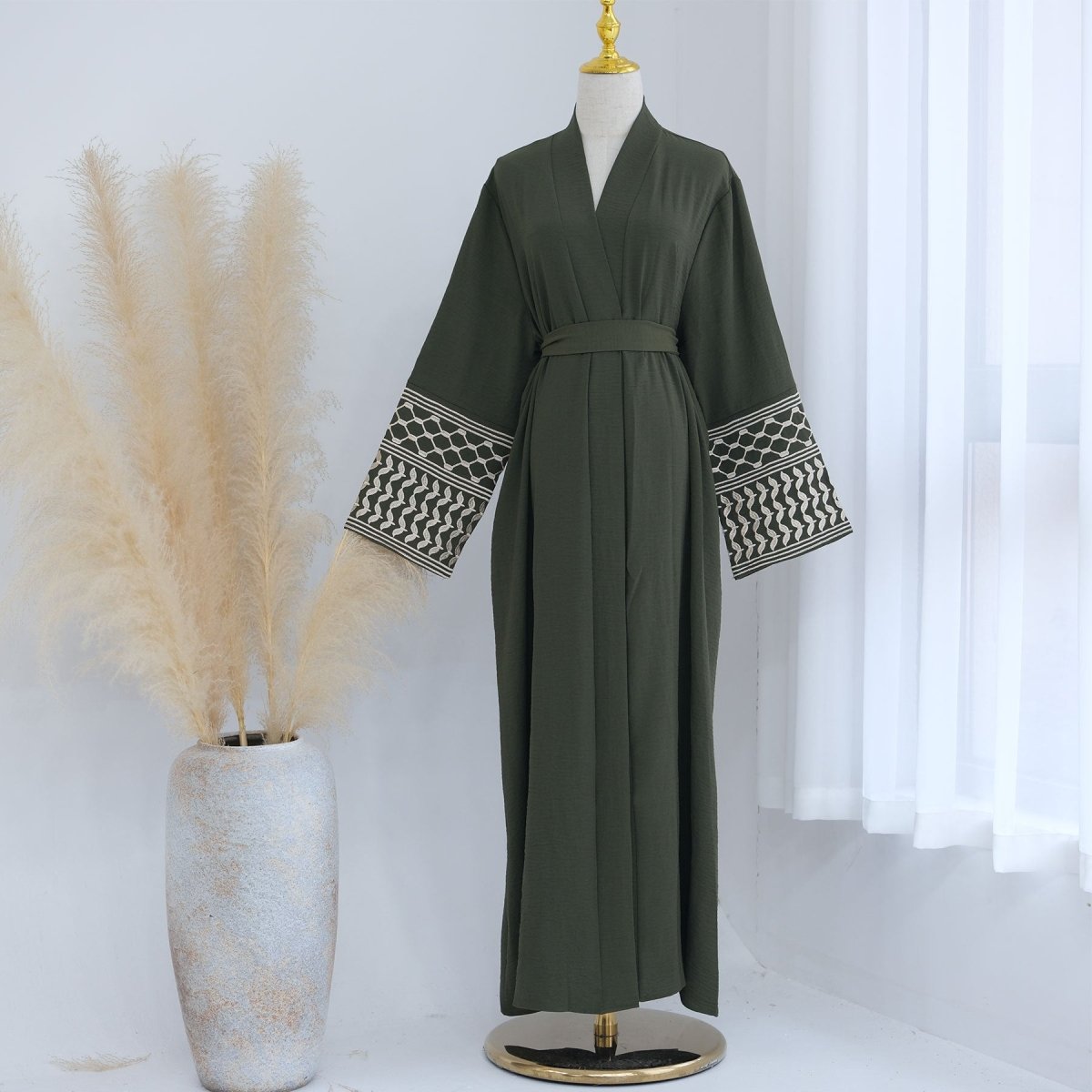 Cotton Linen Embroidered Sleeve Cardigan | Open Front Abaya with Geometric Pattern Sleeves(MOA238) - Mariam's Collection