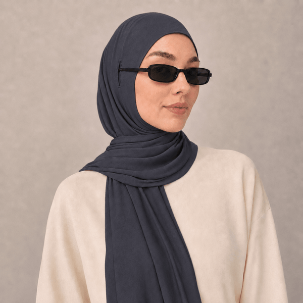 Side profile showing ear opening design on non-slip instant hijab