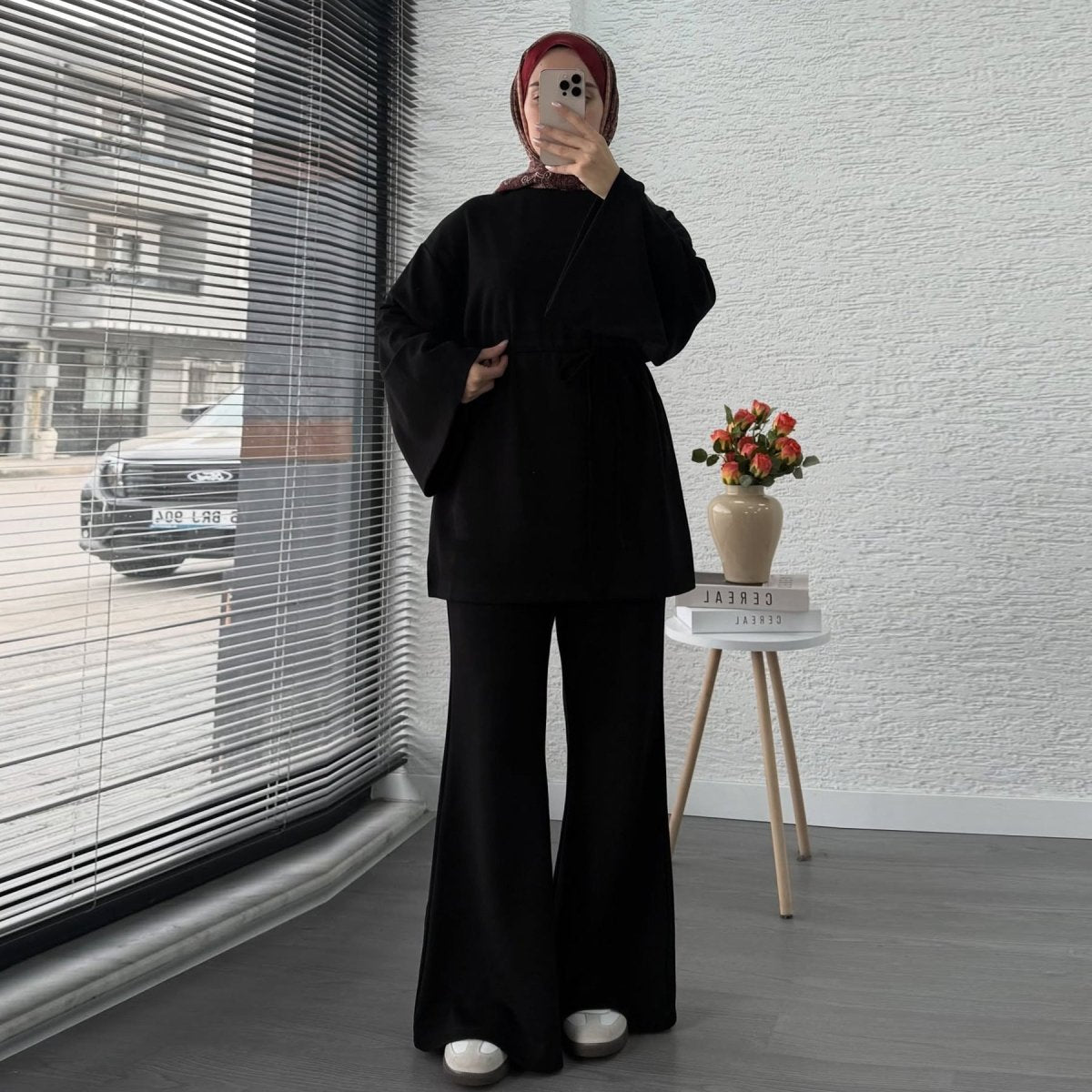 Cotton Two - Piece Set | Belted Tunic Top & Pants(MS279) - Mariam's Collection