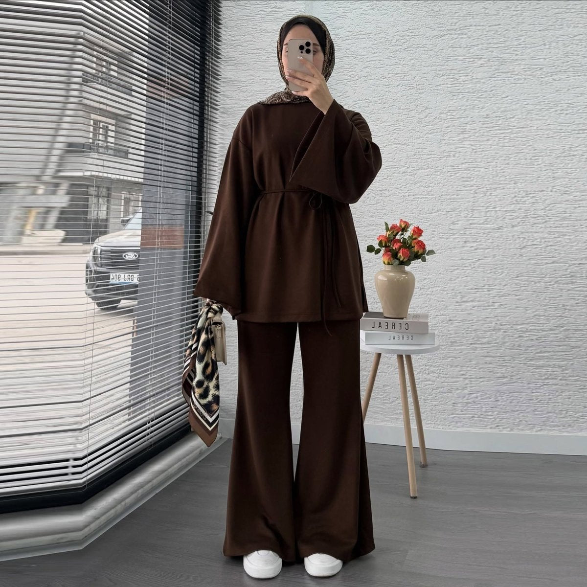 Cotton Two - Piece Set | Belted Tunic Top & Pants(MS279) - Mariam's Collection