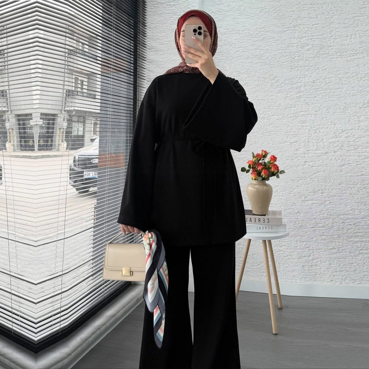 Cotton Two - Piece Set | Belted Tunic Top & Pants(MS279) - Mariam's Collection