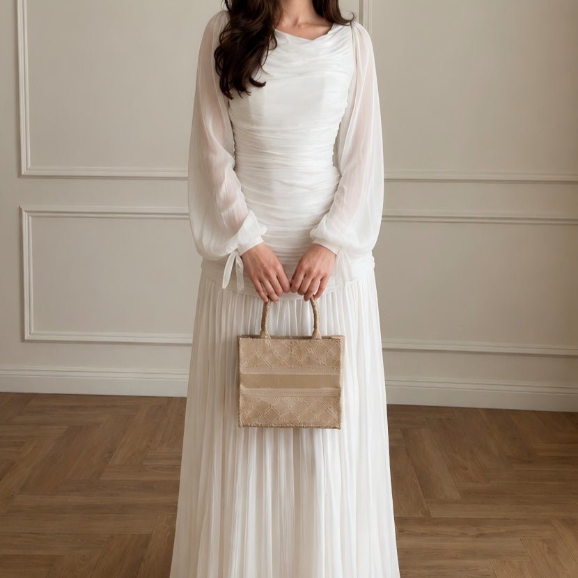 Cowl Neck Ruched Bodice Lantern Sleeve Pleated Maxi Dress(MS534) - Mariam's Collection