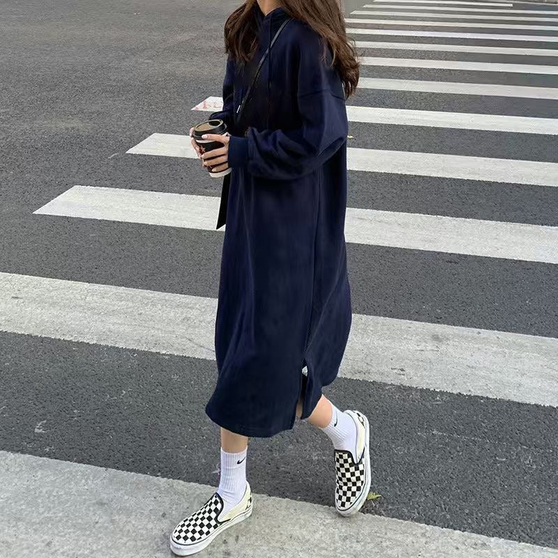 fleece maxi dress Cozy Hooded Pullover Maxi Dress