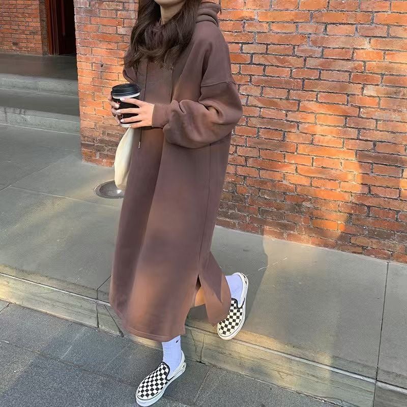 fleece maxi dress Cozy Hooded Pullover Maxi Dress