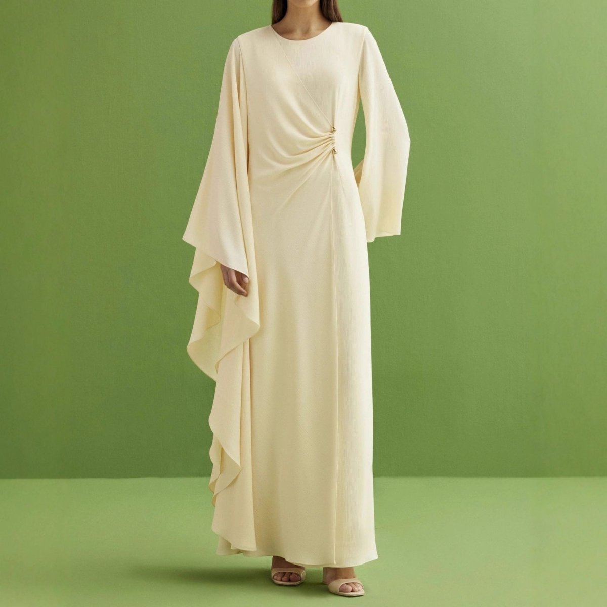 Cream Ruched Waist Abaya(MS283) - Mariam's Collection