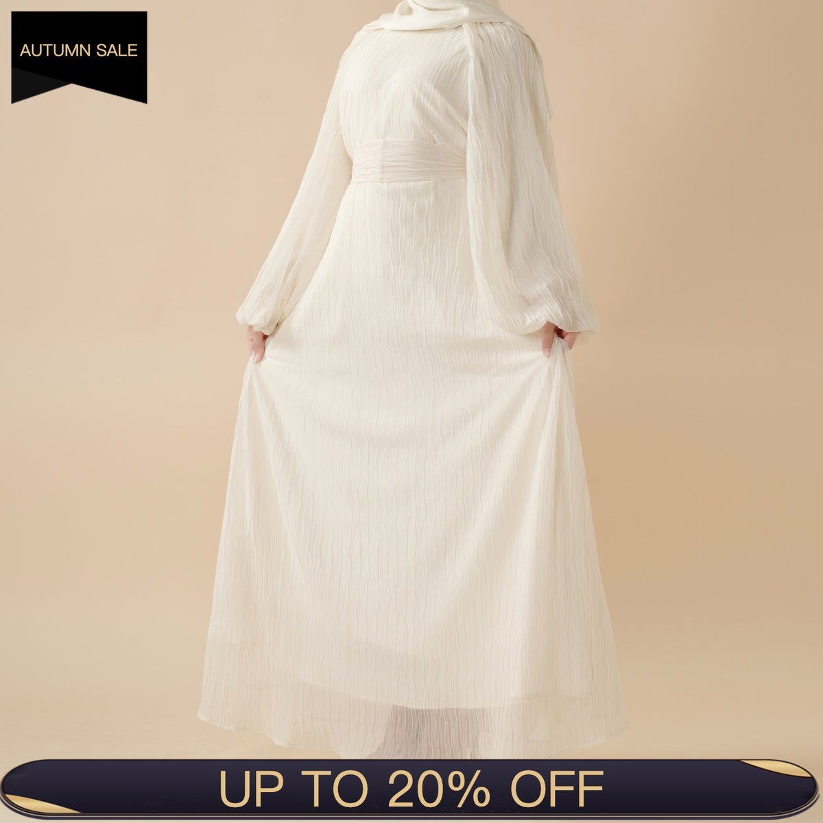 Cream White Puff Sleeves Abaya | Pleat Textured Maxi Dress Abaya (MA152) - Mariam's Collection