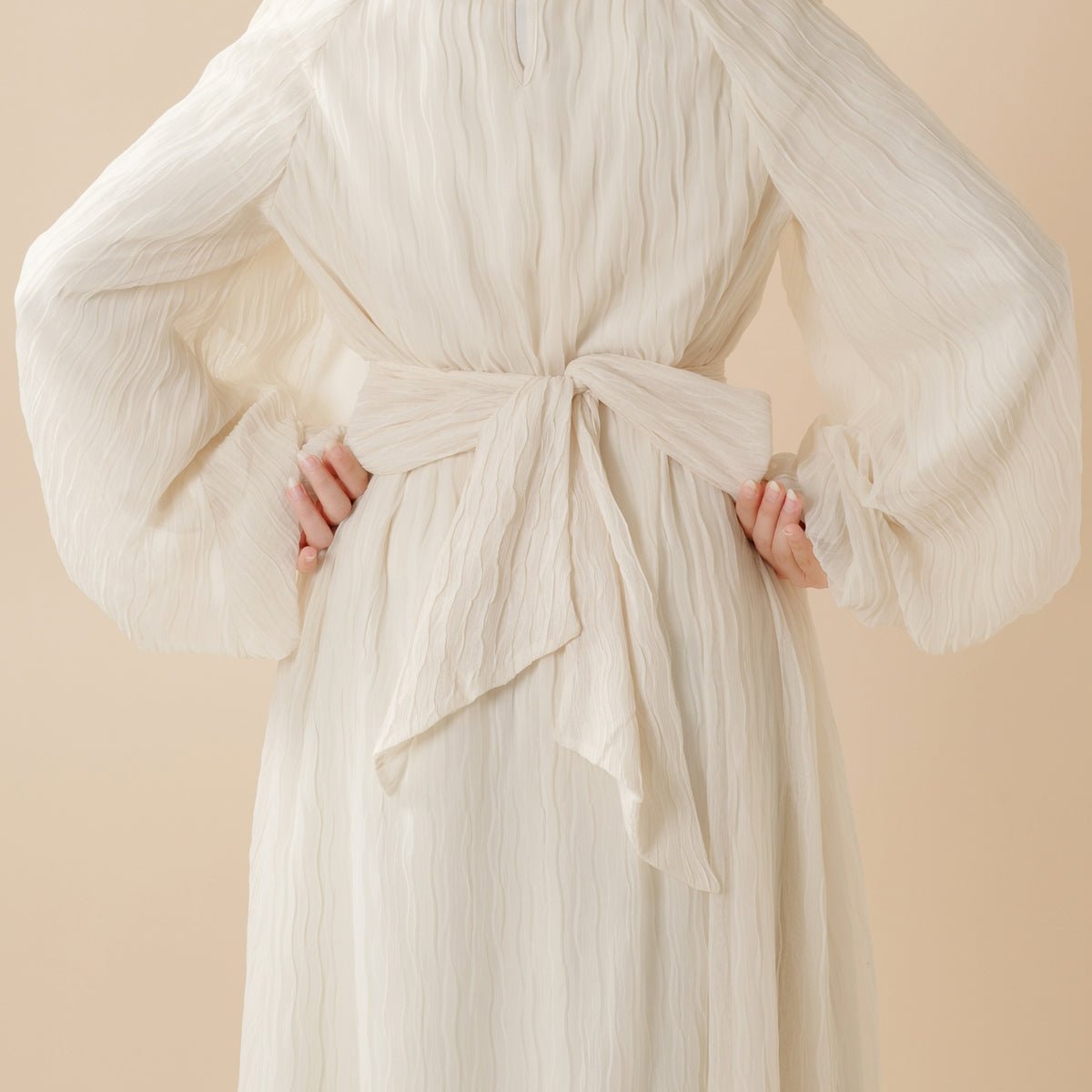 Cream White Puff Sleeves Abaya | Pleat Textured Maxi Dress Abaya (MA152) - Mariam's Collection