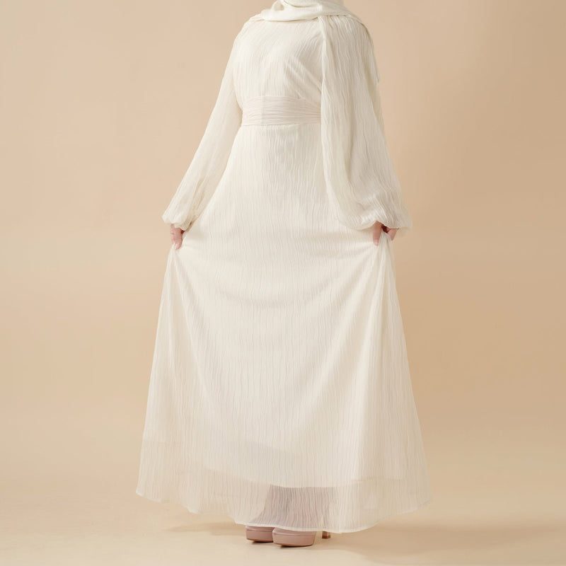 Cream White Puff Sleeves Abaya | Pleat Textured Maxi Dress Abaya (MA152) - Mariam's Collection