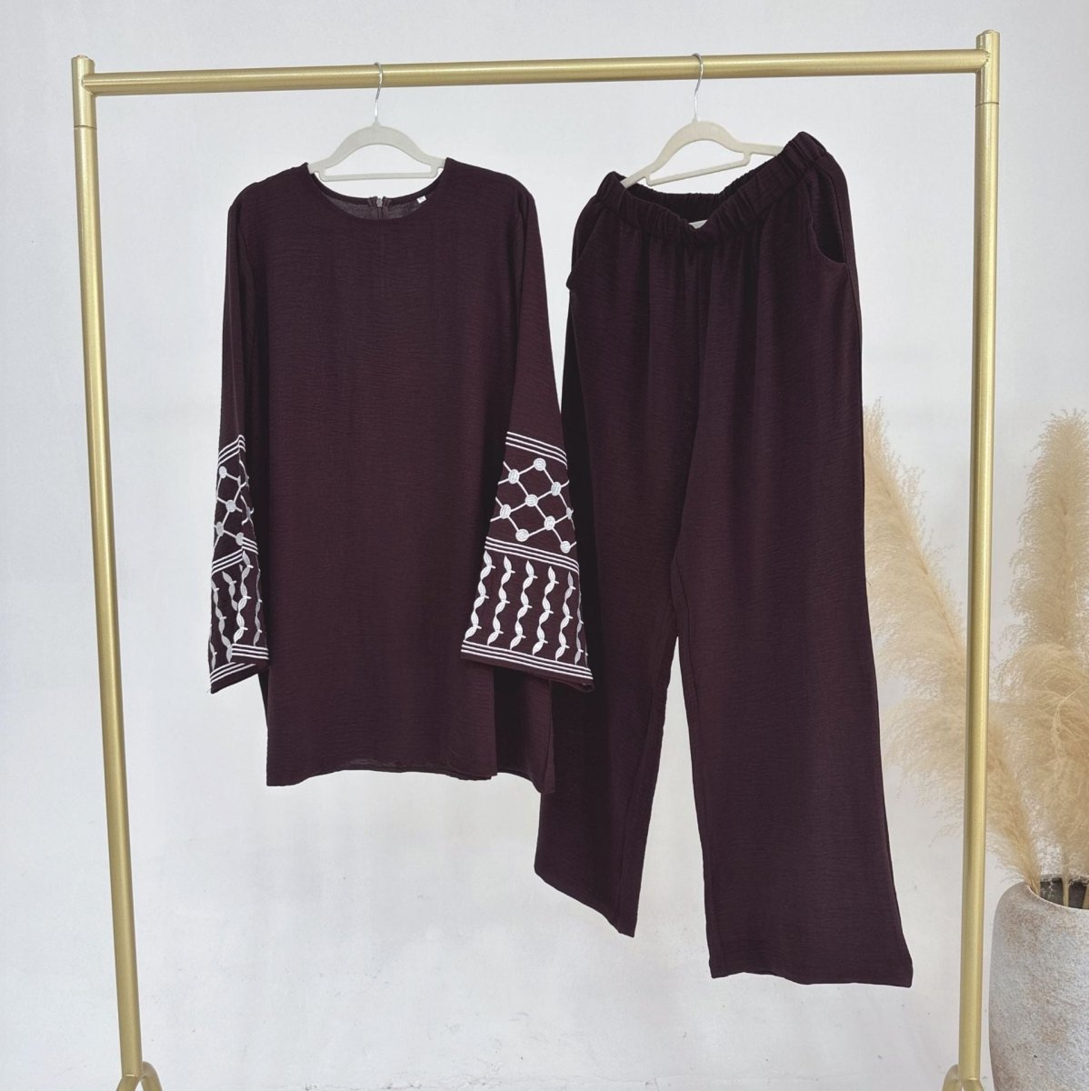 Crepe Embroidered Cuffs Top And Loose Pants 2 - Piece Set (MS076) - Mariam's Collection