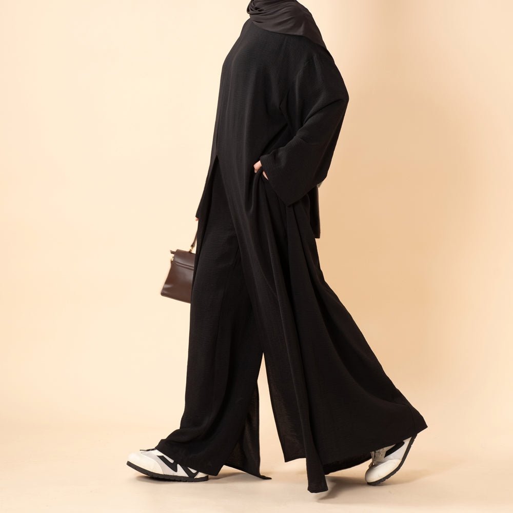 Crepe Multi-Slit Abaya Set | Wide-Leg Pants with Pockets (MA436) - Mariam's Collection