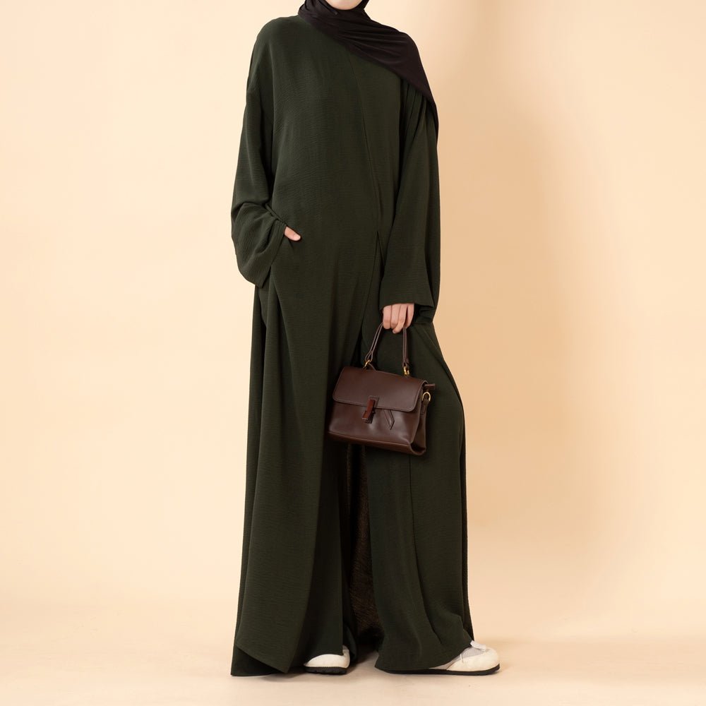 Crepe Multi-Slit Abaya Set | Wide-Leg Pants with Pockets (MA436) - Mariam's Collection
