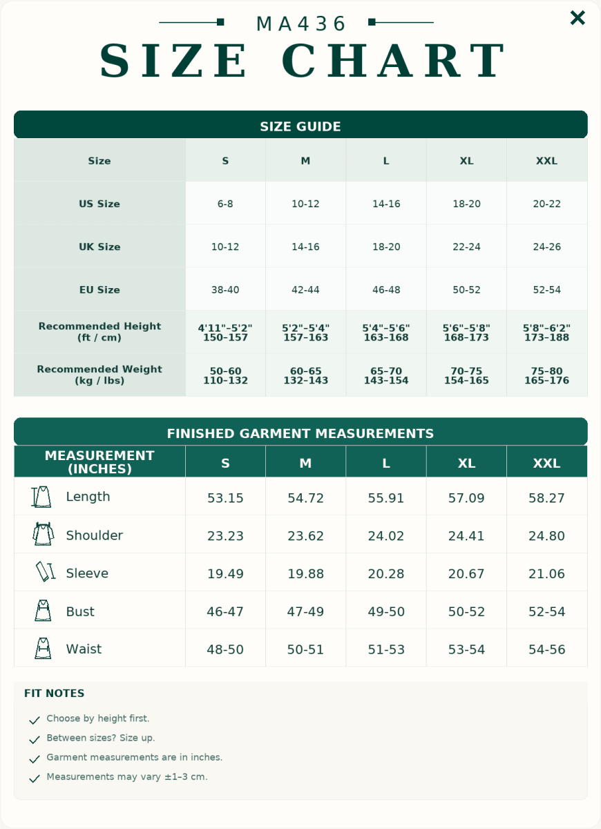 Size chart and garment measurement guide for the crepe abaya set