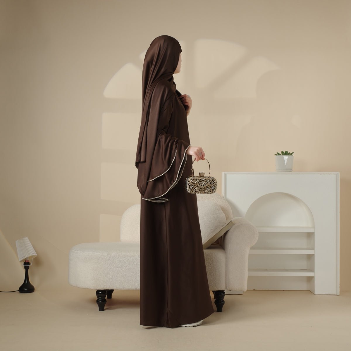 Crepe Satin Ruffle Sleeve Abaya, 5-Piece Set By Mariam's Collection