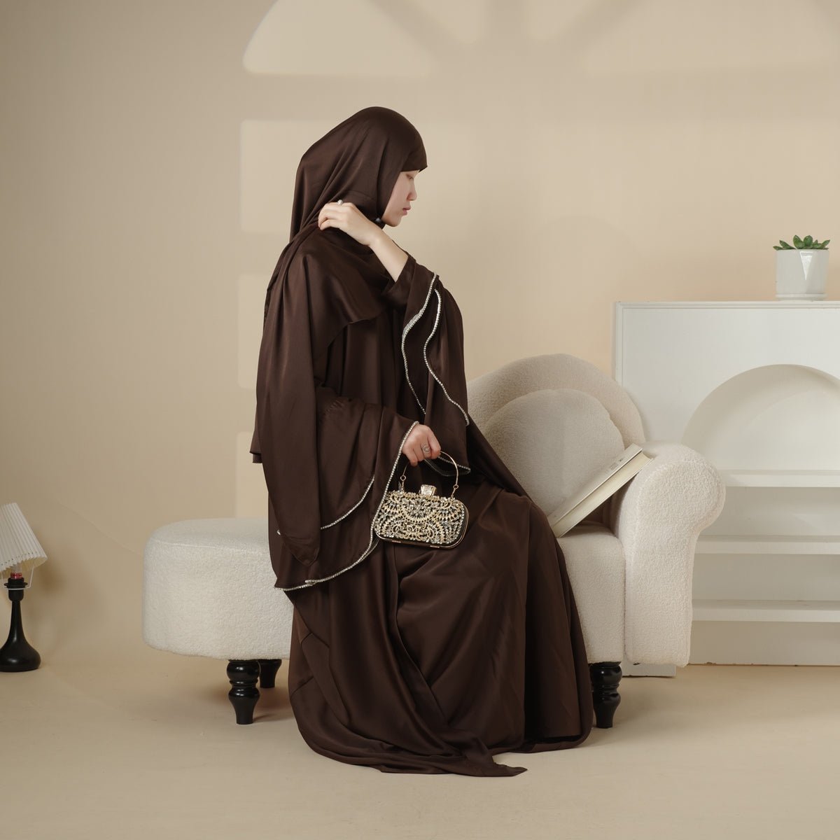 Crepe Satin Ruffle Sleeve Abaya, 5 - Piece Set (MOA033) - Mariam's Collection