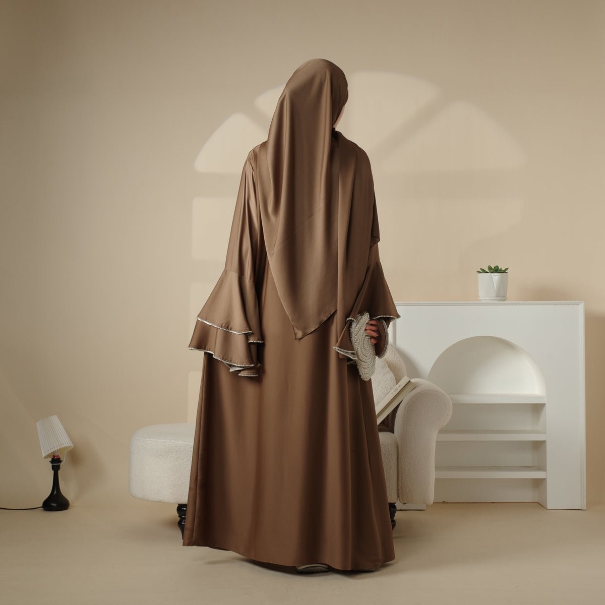 Crepe Satin Ruffle Sleeve Abaya, 5 - Piece Set (MOA033) - Mariam's Collection