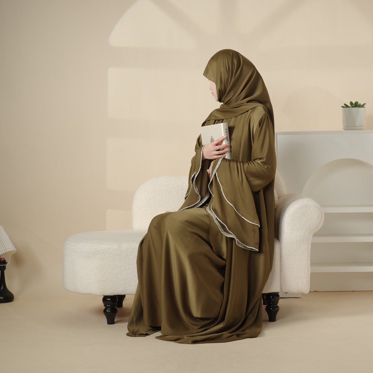 Crepe Satin Ruffle Sleeve Abaya, 5 - Piece Set (MOA033) - Mariam's Collection