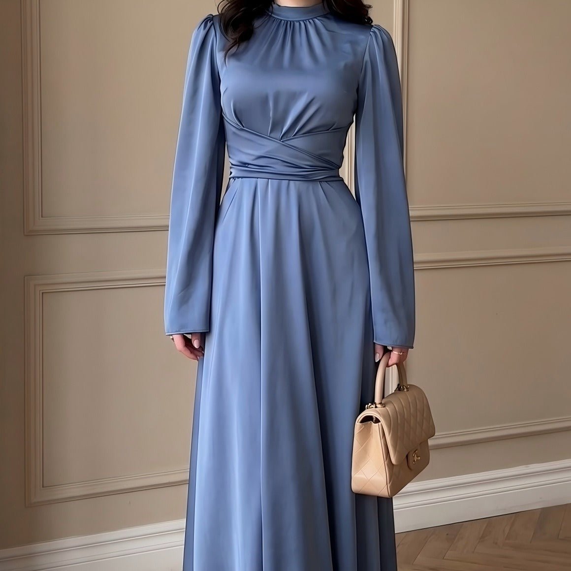 Cross-Wrap Ruched Neck Satin Maxi Dress(MS445) - Mariam's Collection