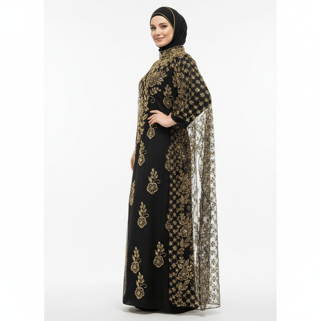Crystal Beaded Cape Overlay Abaya Set(MA427) - Mariam's Collection