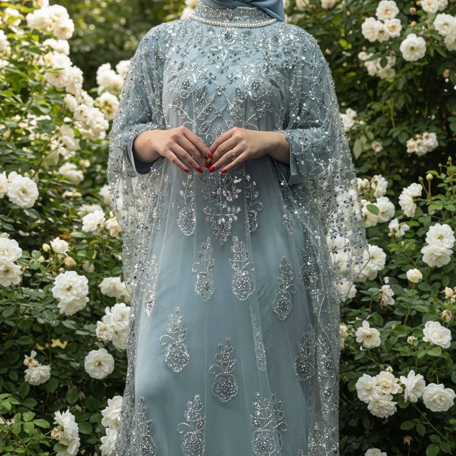 Crystal Beaded Cape Overlay Abaya Set(MA427) - Mariam's Collection