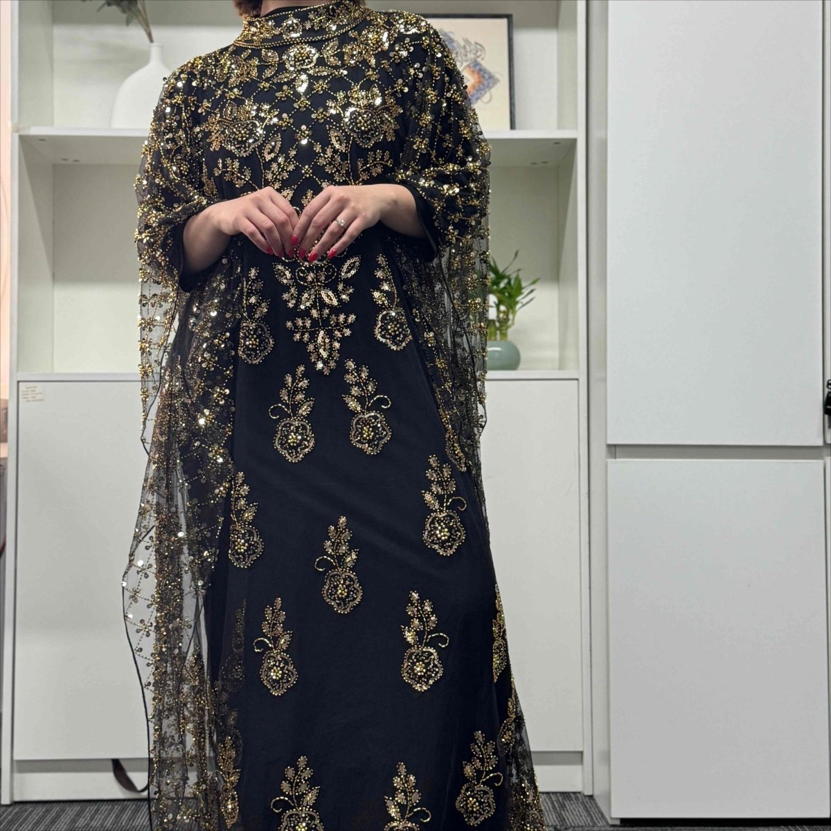 Crystal Beaded Cape Overlay Abaya Set(MA427) - Mariam's Collection