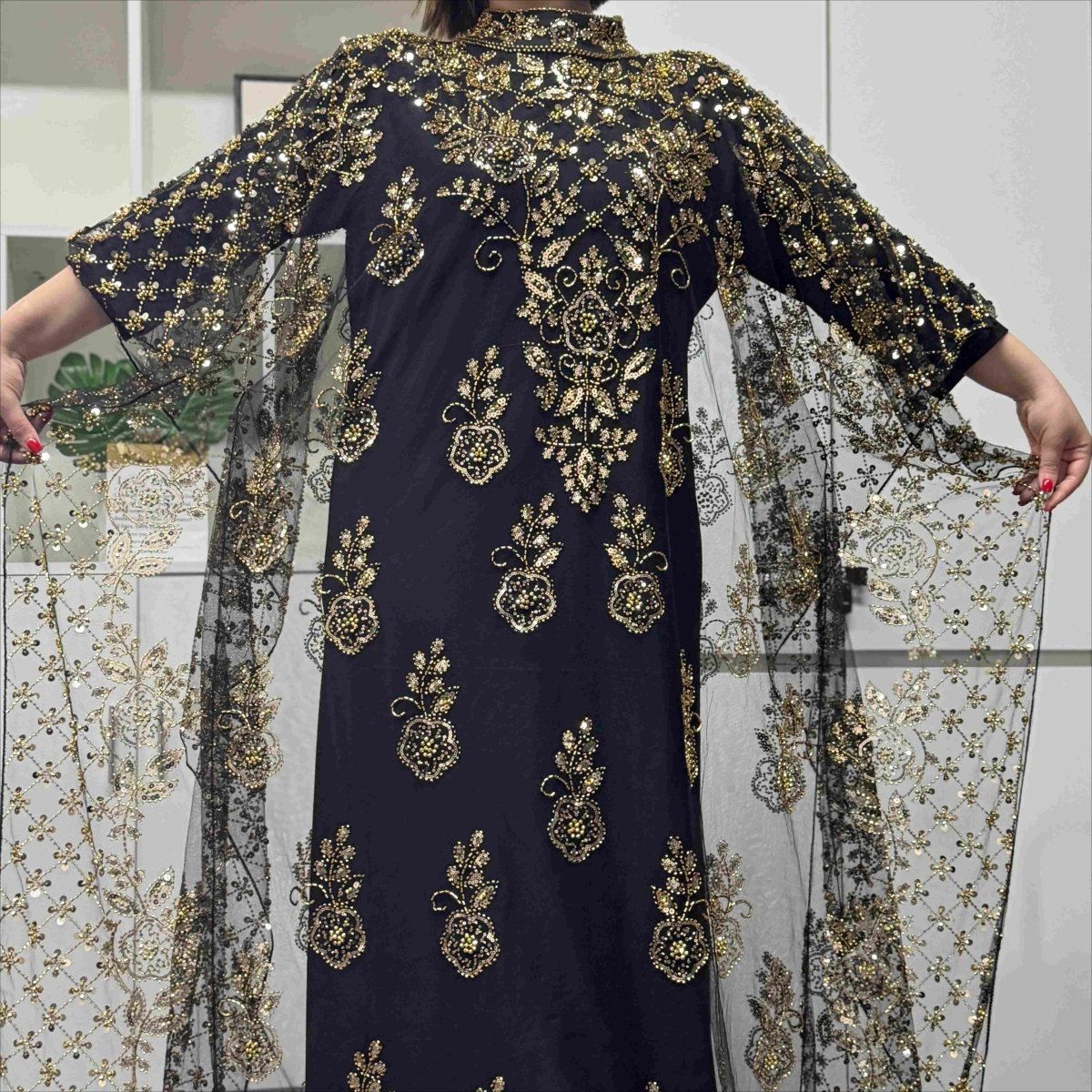 Crystal Beaded Cape Overlay Abaya Set(MA427) - Mariam's Collection