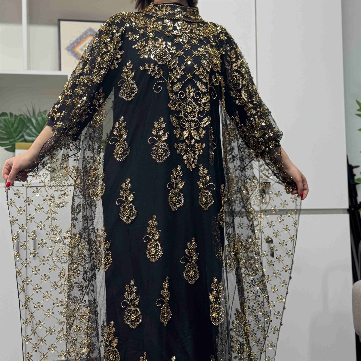 Crystal Beaded Cape Overlay Abaya Set(MA427) - Mariam's Collection