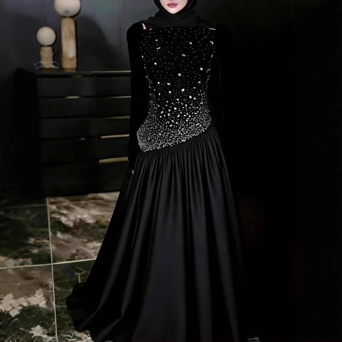 Crystal Beaded Modest Evening Gown(MS384) - Mariam's Collection