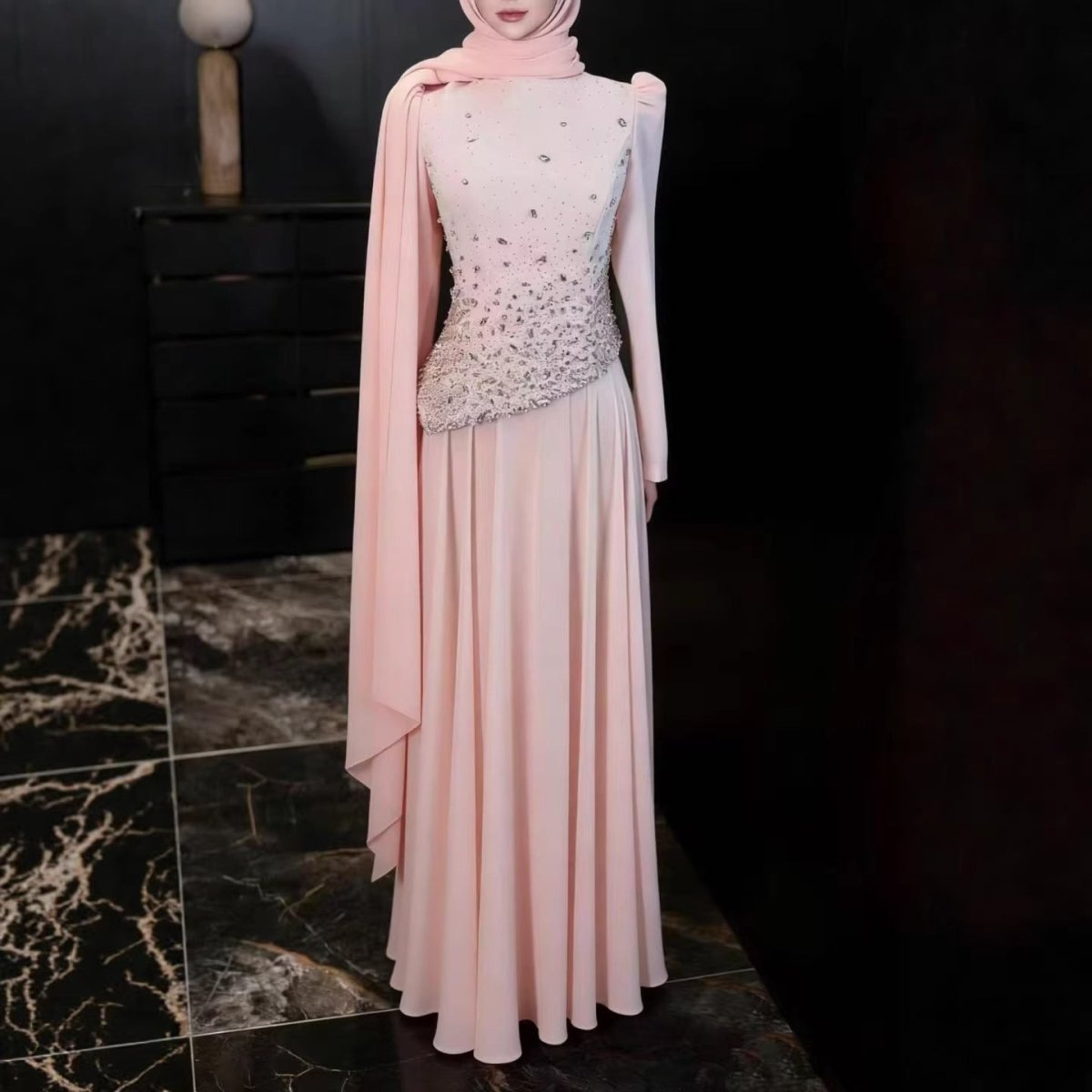 Crystal Beaded Modest Evening Gown(MS384) - Mariam's Collection
