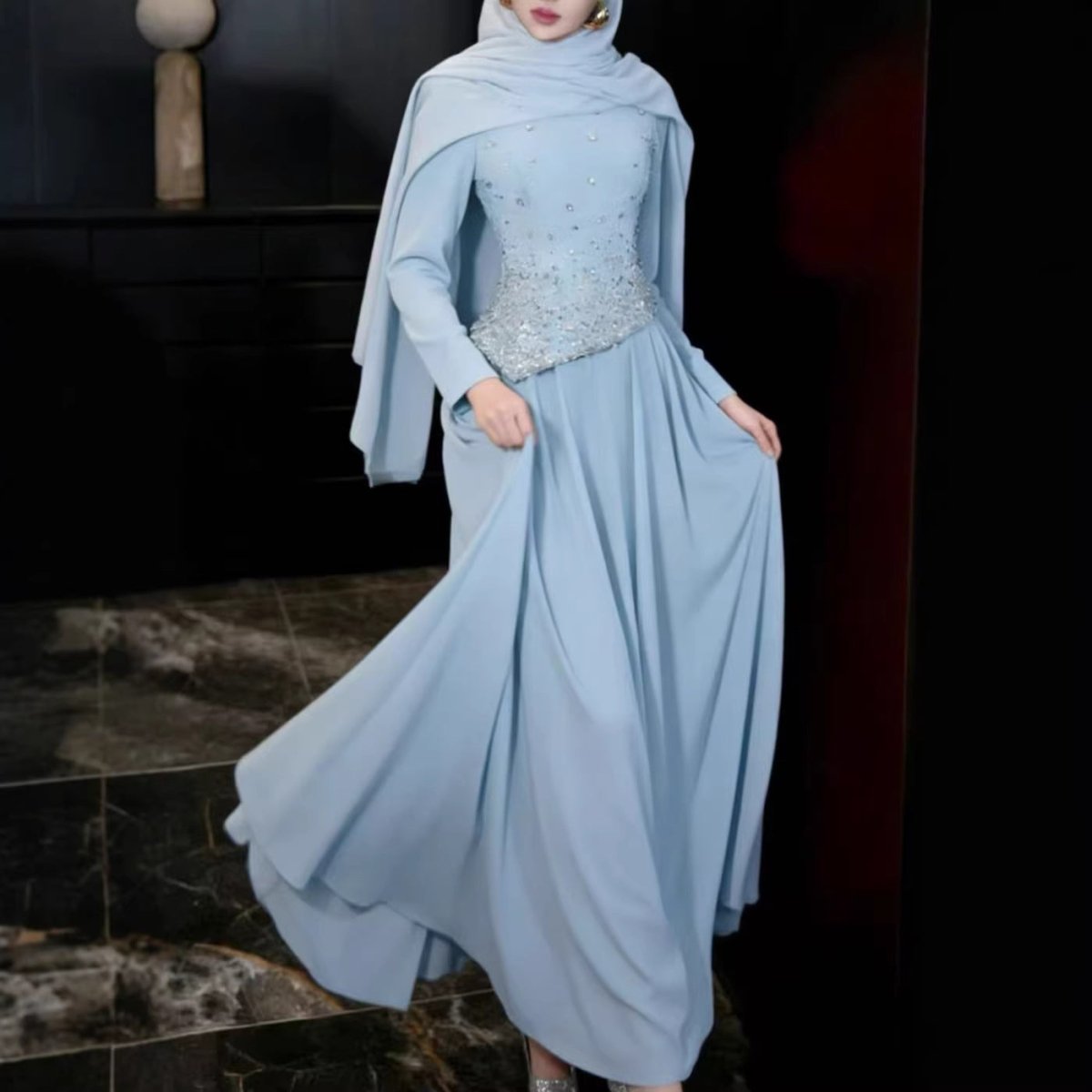 Crystal Beaded Modest Evening Gown(MS384) - Mariam's Collection