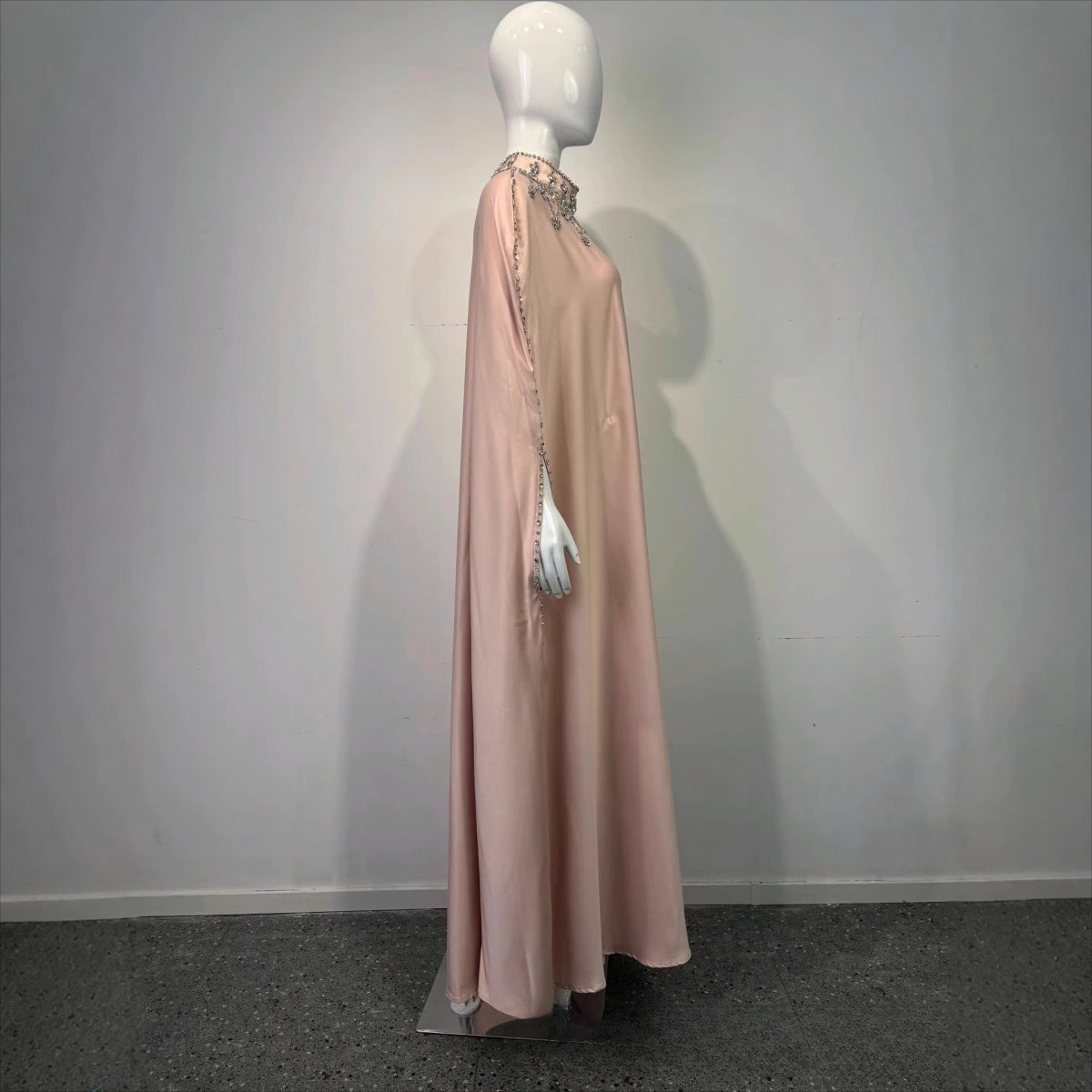 Crystal embellished cape kaftan in pink with rhinestone collar band