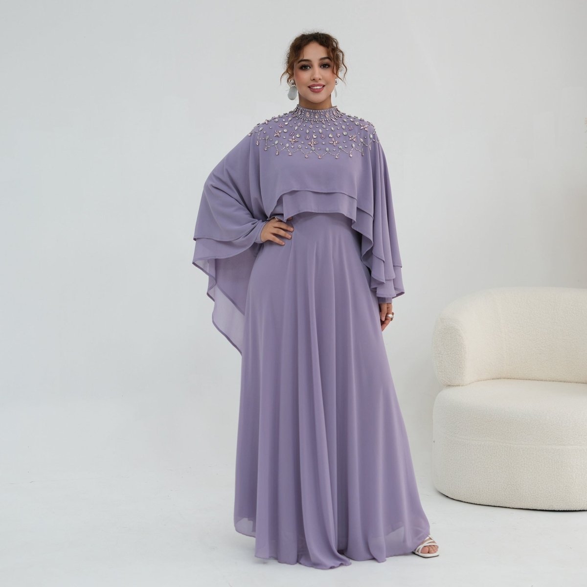 Crystal Cape Sleeve Chiffon Maxi Dress Set – Luxury Party Abaya