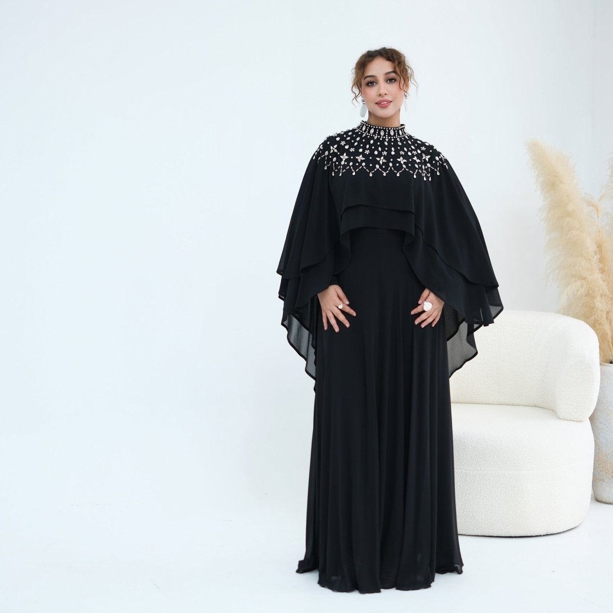 Full back view of crystal cape sleeve two-piece set in flowing chiffon