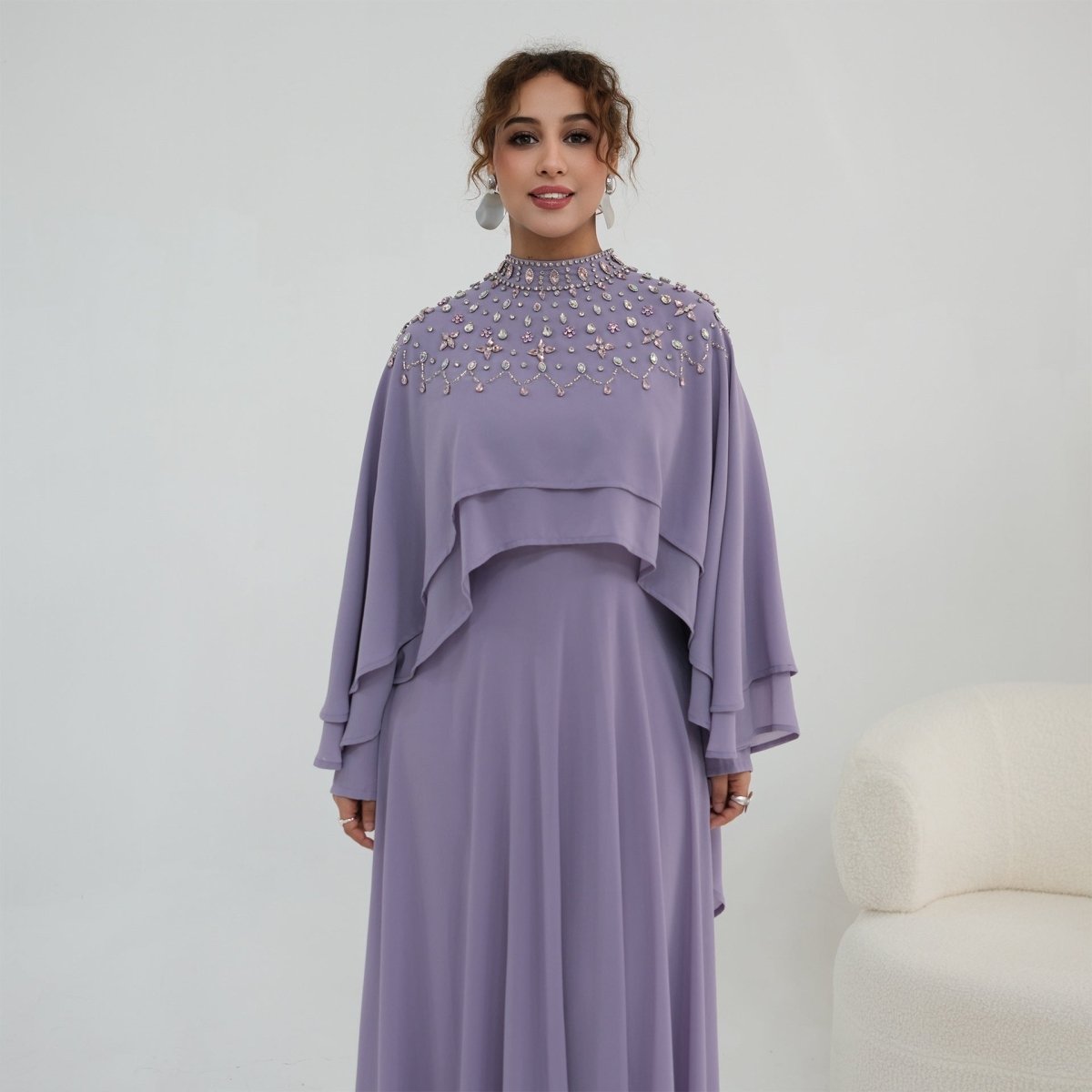 Crystal Cape Sleeve Chiffon Maxi Dress Set – Luxury Party Abaya