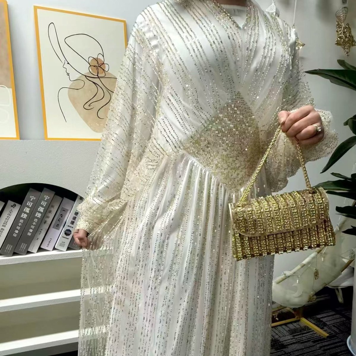 Crystal-Embellished Elegant Abaya with Defined Waist Silhouette Pearl Ivory Glow / S Crystal-Embellished Elegant Abaya with Defined Waist Silhouette Pearl Ivory Glow / S