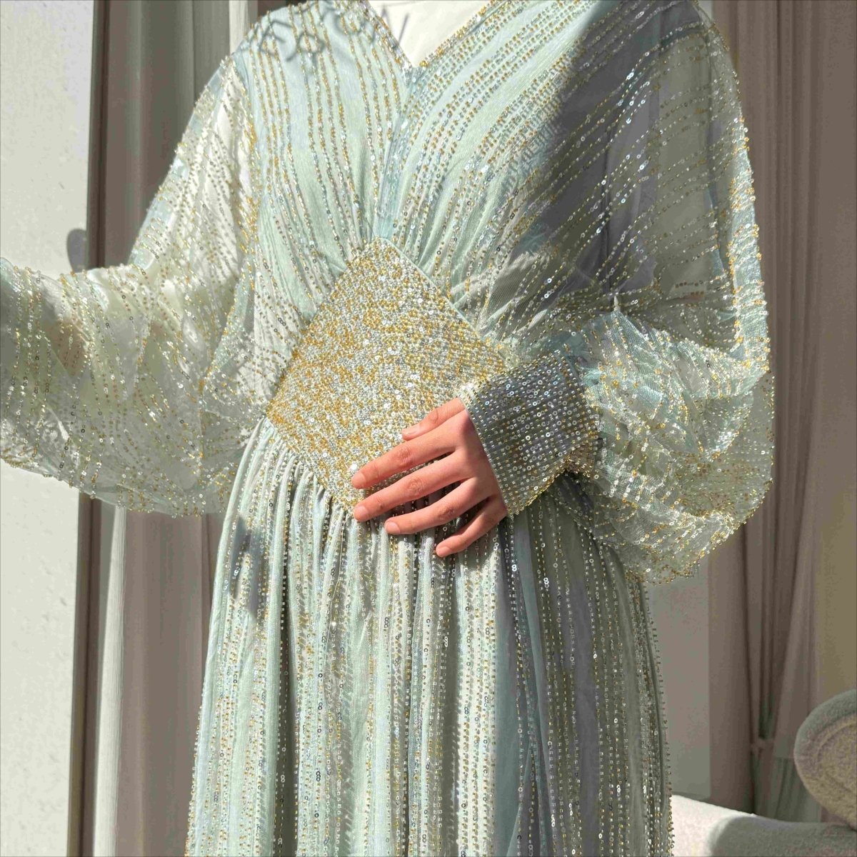 Crystal - Embellished Elegant Abaya with Defined Waist Silhouette (MA391) - Mariam's Collection