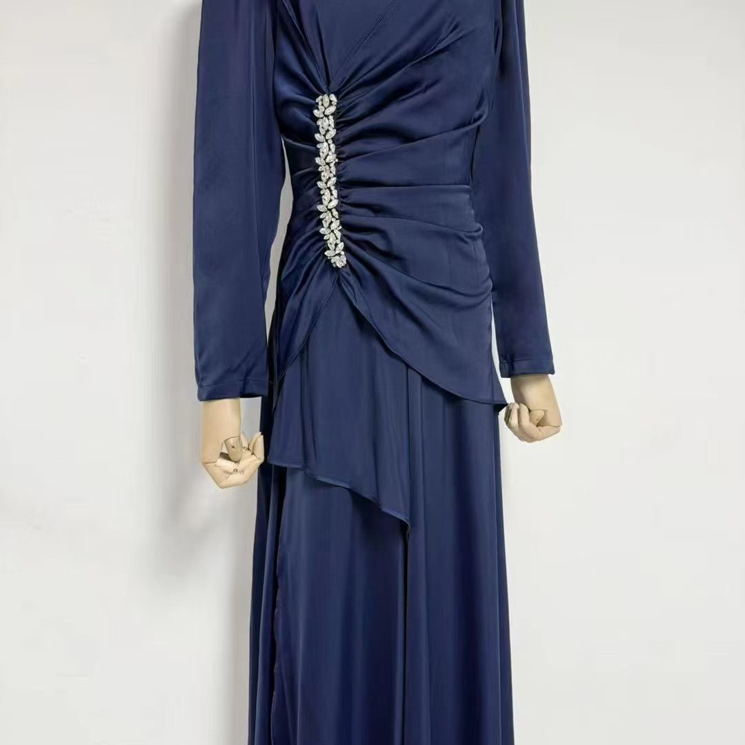 Crystal - Embellished Ruched Dress with Asymmetric Ruffle Skirt(MS346) - Mariam's Collection