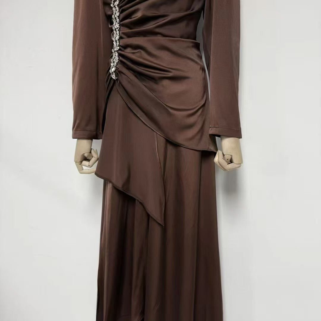 Crystal - Embellished Ruched Dress with Asymmetric Ruffle Skirt(MS346) - Mariam's Collection