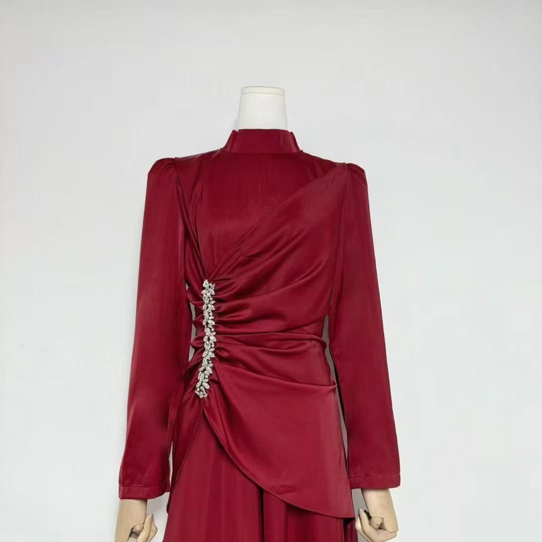 Crystal - Embellished Ruched Dress with Asymmetric Ruffle Skirt(MS346) - Mariam's Collection